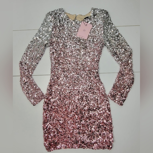 Hello Molly Pink Silver Sequin Long Sleeve Open Back Zip Up Mini Dress XS New - Picture 2 of 13